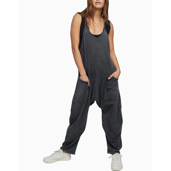Free People sz L Hot Shot Washed Gray Laggenlook Baggy Jumpsuit Romper Casual - Picture 2 of 9